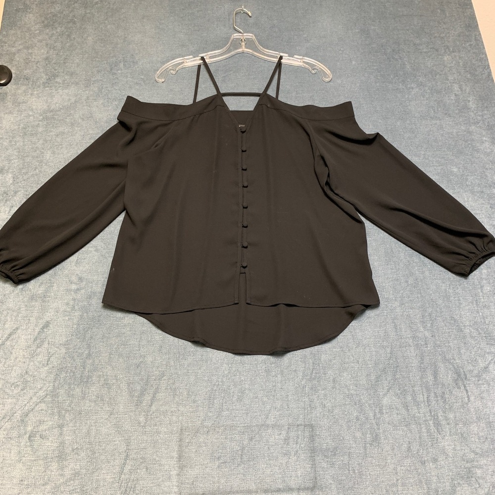 Express Blouse Top Womens M Black Off the Shoulder Spaghetti Strap Button Front